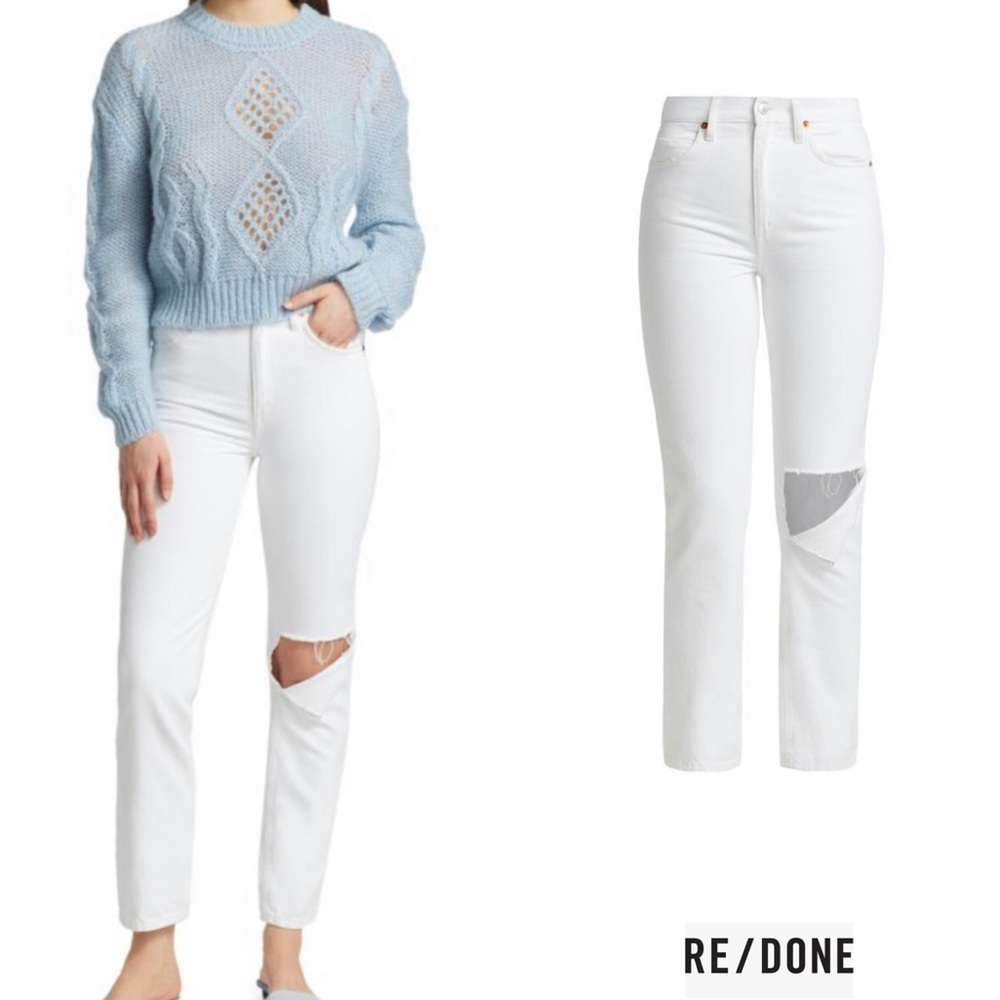 RE/DONE 70s Distressed White Straight-Leg Jeans, Sz 30